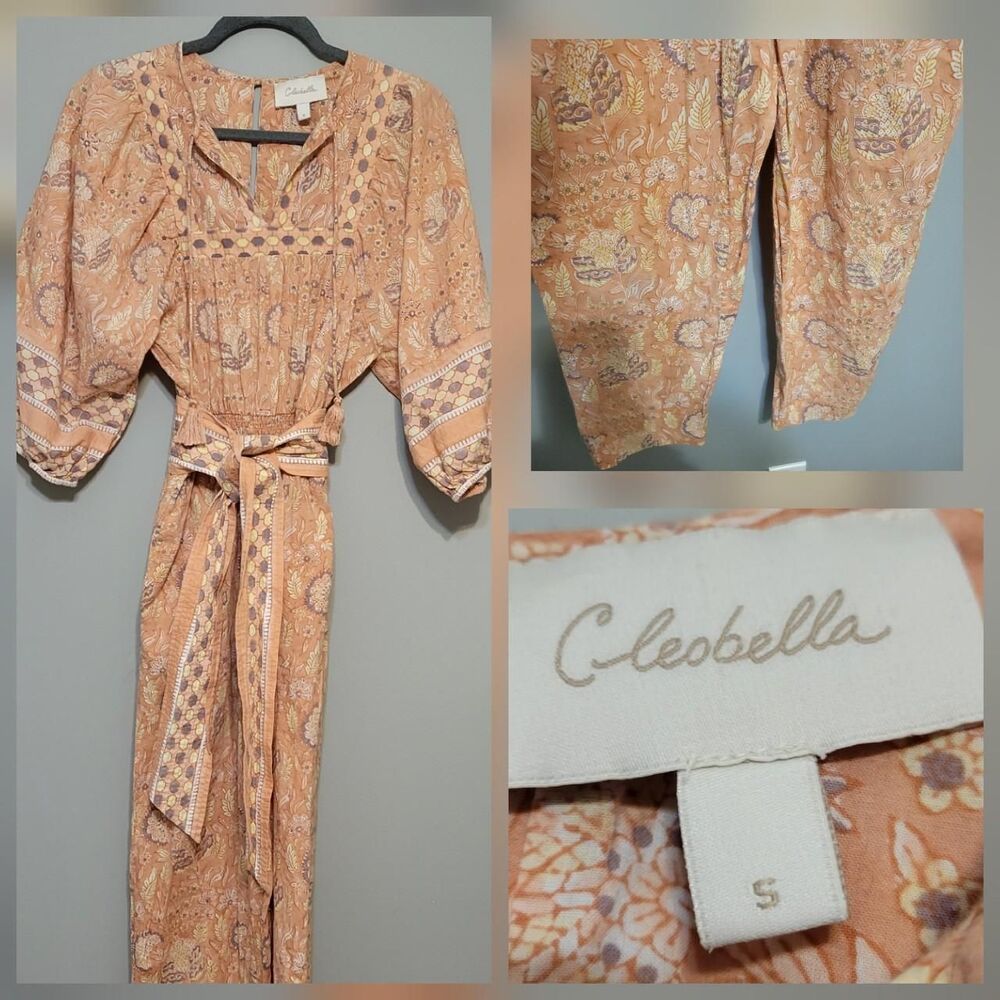Cleobella Magdalena Jumpsuit Smock Waist Tie Puff Sleeve Boho Paisley Western